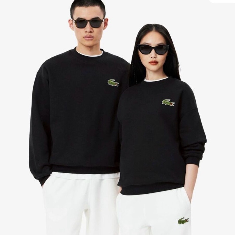 Lacoste Black Unisex Crewneck Sweatshirt with Green Crocodile Logo